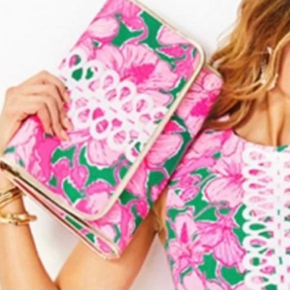 Oversized Lily Pulitzer Lilly Hot Pink Green Hibis Kiss Envelope Pouch Clutch - Picture 2 of 6